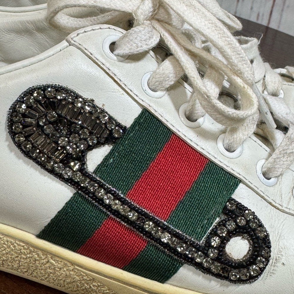 GUCCI ACE SNEAKERS embellished safety pin women’s 6.5 GUC - Picture 15 of 15